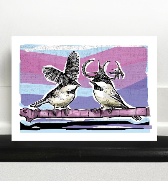 Gaga Birds - Chickadees wearing fascinators note card/ art print