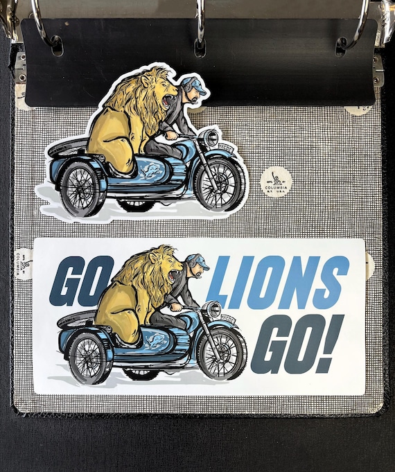 Detroit Lion and Campbell Motorcycle Sidecar Decal or Bumper Sticker