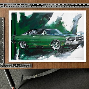Grüner Dodge Dart Swinger Original Automobile Kunstdruck