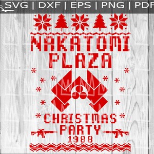 May include: Red and white Christmas jumper design with the text "Nakatomi Plaza Christmas Party 1988".