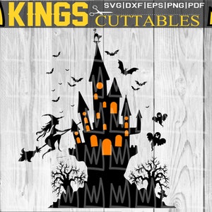 May include: Black silhouette of a haunted house with a witch flying on a broomstick in front of it. There are bats and ghosts flying around the house. The house has orange windows and a black roof.