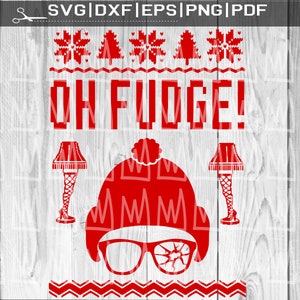 May include: Red and white Christmas sweater design with the text "OH FUDGE!" and a cartoon image of a person wearing a red stocking cap and glasses with one lens broken. The design also includes two red lamps with white shades and legs.