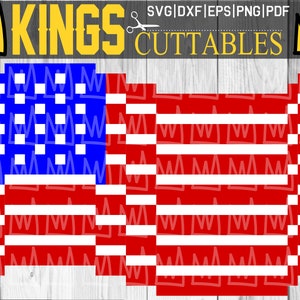 Può includere: Una grafica digitale della bandiera americana, resa in uno stile pixelato. La bandiera presenta strisce rosse e bianche e un cantone blu con stelle bianche. Il testo "KINGS CUTTABLES" è visualizzato sopra la bandiera, insieme agli indicatori del tipo di file.