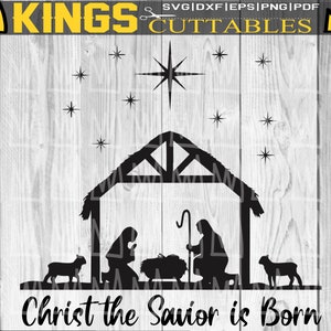 May include: Black and white silhouette of a nativity scene with a star above the stable. The text "Christ the Savior is Born" is below the scene.