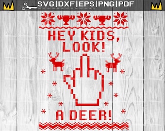 May include: Red and white pixelated design with the text "HEY KIDS, LOOK!" and a pixelated hand pointing at the text "A DEER!" on a woodgrain background.
