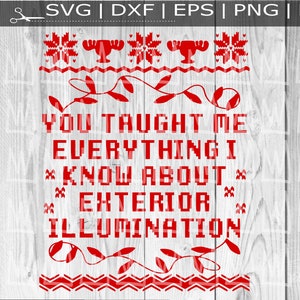 May include: Red and white Christmas-themed design with the text "You taught me everything I know about exterior illumination".