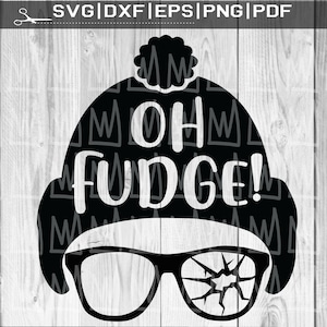 May include: Black and white silhouette of a person wearing a winter hat with a pom-pom and glasses with one lens cracked. The text "OH FUDGE!" is written on the hat.