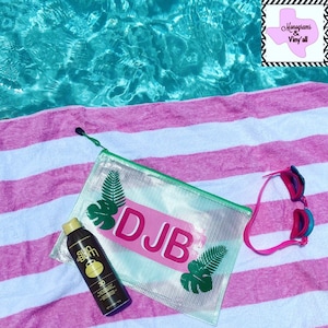 Personalized  Wet Dry Bag-  Personalized Clear Swim Bag  - Pink Palm Bag - Personalized Face Mask Bag - Swim Pack- Monogram Bikini Bag