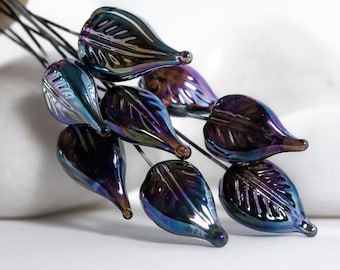 Juego de alfileres con cabeza de cuentas de vidrio soplado - Anna Miller Lampwork - Hojas metálicas azules