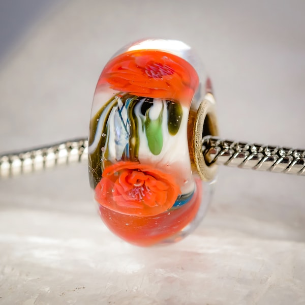 Lampwork Glass Big Hole Bead- Anna Miller Lampwork- Coquelicot rouge