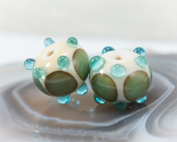 Lampwork Glass Beads: Surf and Sand Design, Handmade Pair