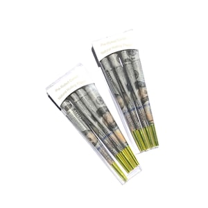 May include: A pack of pre-rolled cones made from natural rolling paper with a dollar bill design. The cones have gold tips and are packaged in a clear plastic container. The packaging has the text "Pre-Rolled Cones Natural Rolling Paper" printed on it.