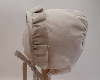 Bone Linen Baby Bonnet, With Front Ruffle Trim,