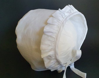 White Linen Baby Bonnet, With Front Ruffle Trim,