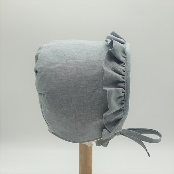 Lottie, Duck Egg Blue Linen Baby Bonnet, With Front Ruffle Trim,