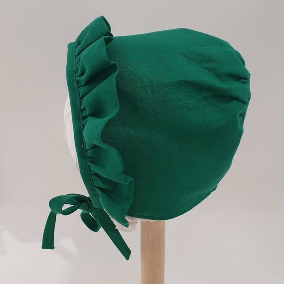 Emerald Green Linen Baby Bonnet, With Front Ruffle Trim,