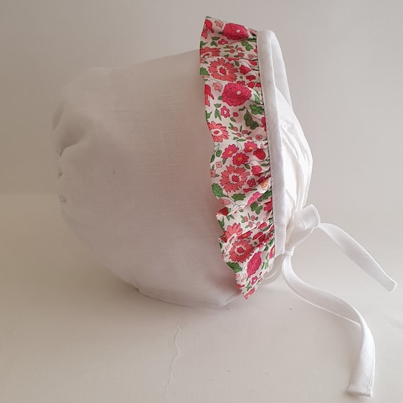 Liberty & Linen Baby Bonnet, With Front Ruffle Trim,