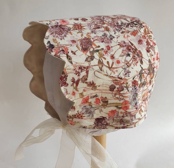 Lola, Handmade Liberty & Linen Reversible Baby Bonnet, With Scallop Brim,