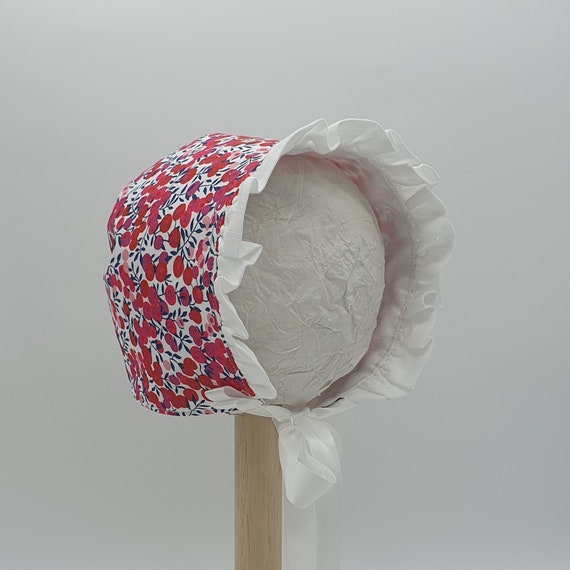 Size S, Wiltshire Liberty of London Baby Bonnet, Ready to Ship, With Linen Ruffle Trim,