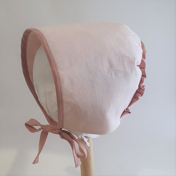 Linen Baby Bonnet, With Contrast Binding &  Ruffle Trim,