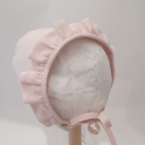 Soft Pink Linen Baby Bonnet, With Front Ruffle Trim,