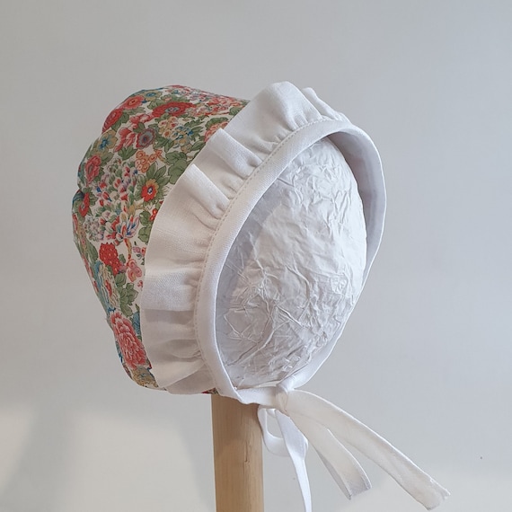 Liberty & Linen Baby Bonnet, With Front Ruffle Trim,