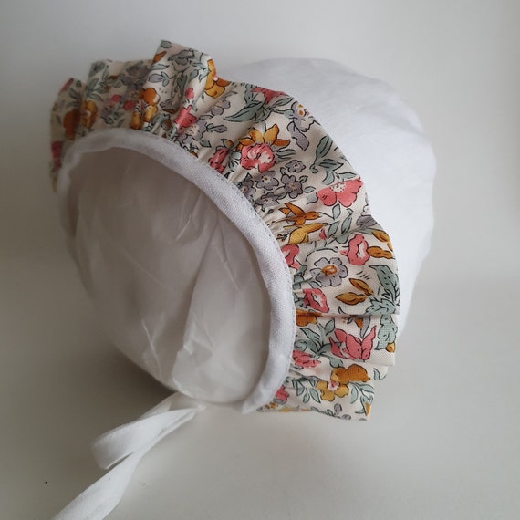 Liberty & Linen Baby Bonnet, With Front Ruffle Trim,