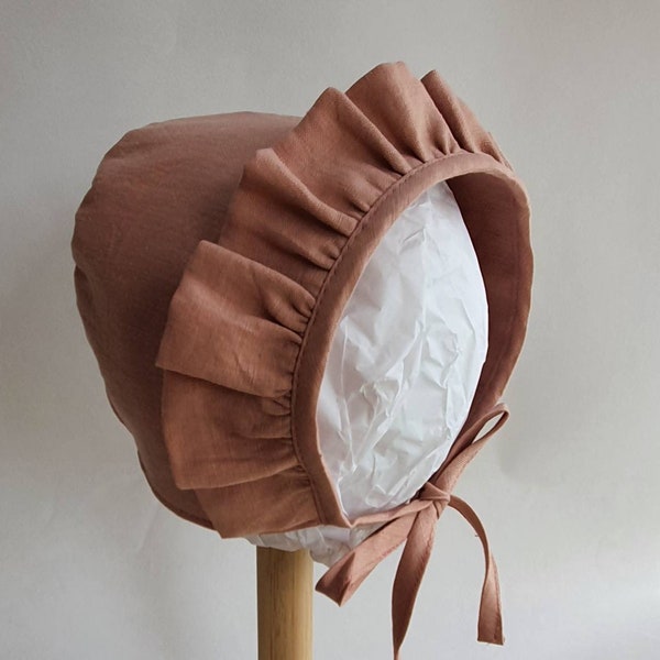 Pink Linen Baby Bonnet, With Front Ruffle Trim,
