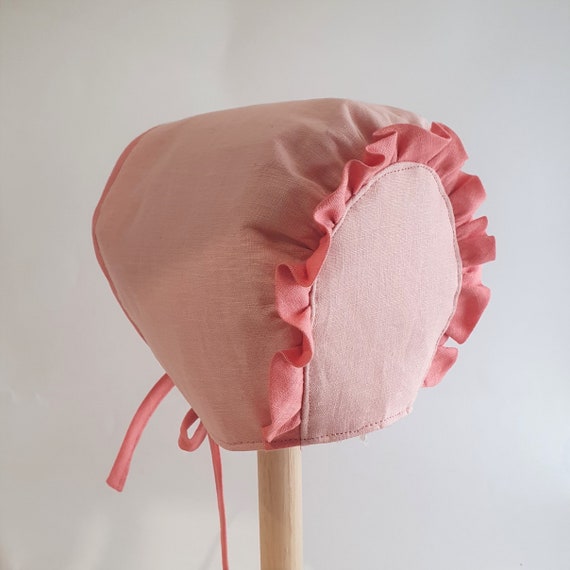 Linen Baby Bonnet, With Contrast Binding &  Ruffle Trim,