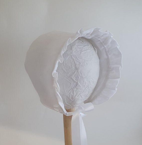 White Linen Baby Bonnet, With Front Frill Trim,