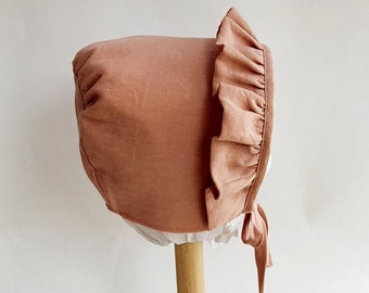 Blush Pink Linen Baby Bonnet, With Front Ruffle Trim,