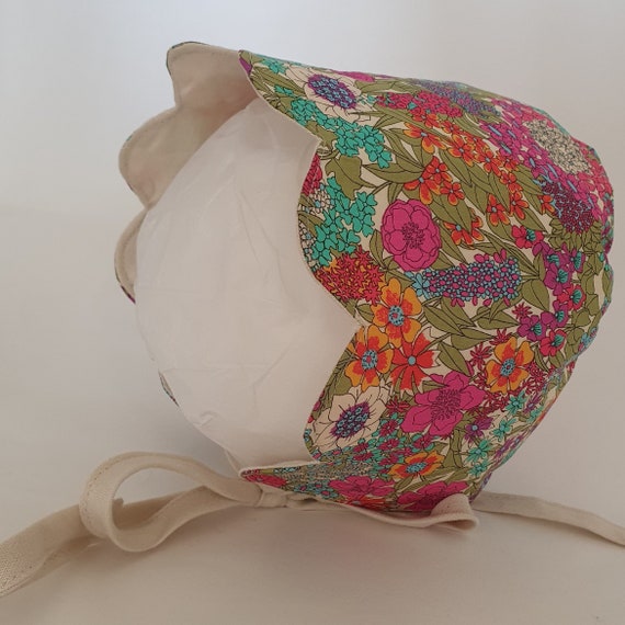 Lola, Handmade Liberty & Linen Reversible Baby Bonnet, With Scallop Brim,