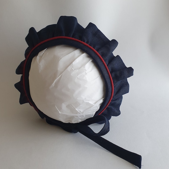 Linen Baby Bonnet, With Front Ruffle Trim and Contrast Piping,