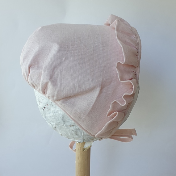 Pink Linen High Backed Scat Bonnet, With Front Ruffle Trim,