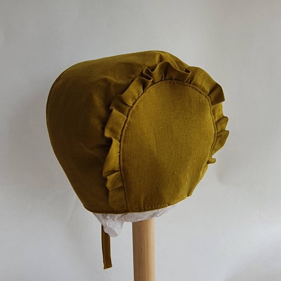 Green Linen Bonnet, With Ruffle Trim,