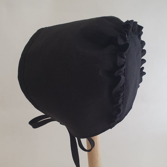 Black Linen Baby Bonnet, With Ruffle Trim,