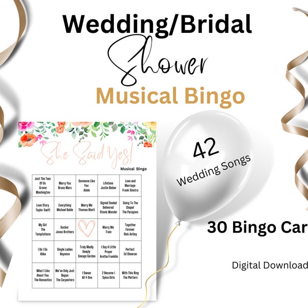 Musical Wedding Shower Bingo, Musical Bridal Shower Printable Bingo, Wedding Shower Game, Bridal Shower Game, Engagement Party Game,