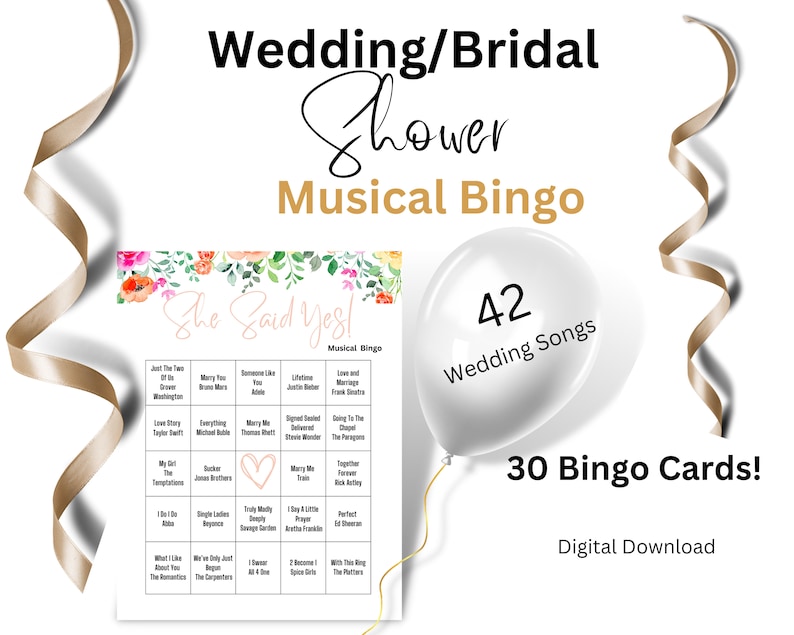 Muzyczne Bingo na Wieczór Ślubny, Muzyczne Bingo na Wieczór Ślubny do Wydruku, Gra na Wieczór Ślubny, Gra na Wieczór Ślubny, Gra na Zaręczyny, zdjęcie 1