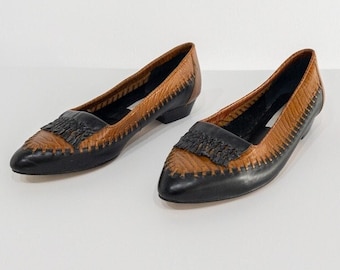 women's size 6.5 PLATFORM brown leather y2k 1990s braided fringe tongue flats