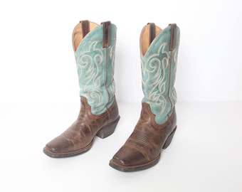 vintage aqua BLUE embroidered women's COWBOY tri-color vintage SQUARE toe boots -- women's size 6.5 M boots -- Free Shipping U.S.A