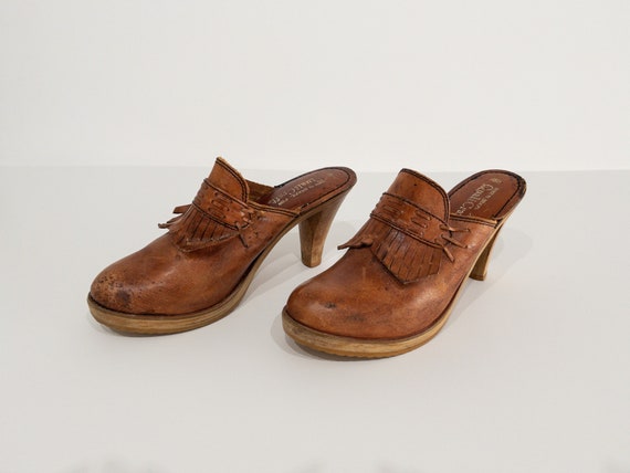 vintage 1970s 60s leather and wood clogs vintage … - image 1