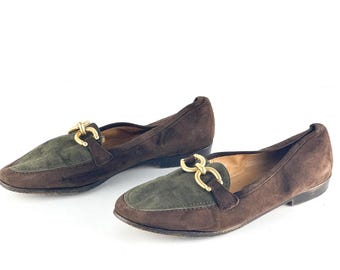 Brązowo-zielone skórzane mokasyny damskie typu oxford z klamrą w stylu vintage GOLD FLATS -- Rozmiar 8 -- Darmowa wysyłka