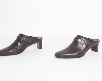 vintage BRIGHTON brand SQUARE heel toe brown leather vintage women's size 8 PLATFORM y2k chunky square toe Slides -- Free shipping U.S.A.