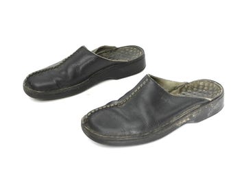 Vintage schwarzes LEDER Kontrast Weiß Stich schlanke Plateau Slides Damen Vintage Schuhe - Damengröße 10 - Versandkostenfrei