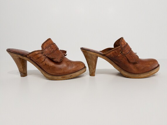 vintage 1970s 60s leather and wood clogs vintage … - image 3