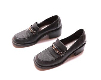 Vintage svarta och grå loafers med spänne, klackar, dam, år 2000, storlek 8 M -- Fri frakt i USA