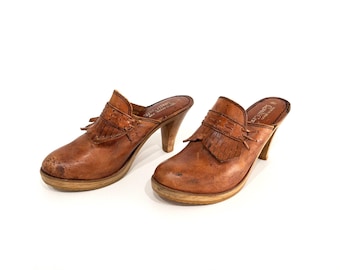 Zuecos vintage de cuero y madera de los años 70 y 60, estilo hippie, talla 9 para mujer