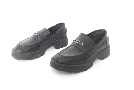 vintage LEATHER 90s y2k penny loafer PLATFORM women's black penny loafer shoes flats spring summer shoes -- size 10 women's
