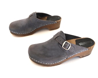 vintage BLUE/gray SWEDISH Clogs buckle top mules -- women's size 11.5 -- free shipping U.S.A