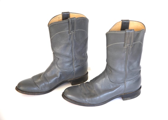 vintage JUSTIN brand riding COWBOY boot gray leather size 9 men's / 10 women's leather equestrian vintage boots -- FREE shipping U.S.A